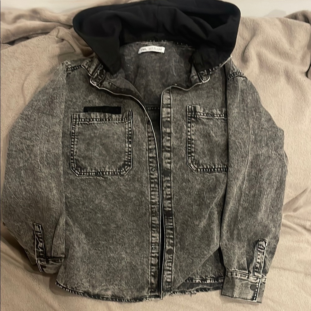Boys Zara Denim Overshirt with Removable Hood - Grey Size 11-12